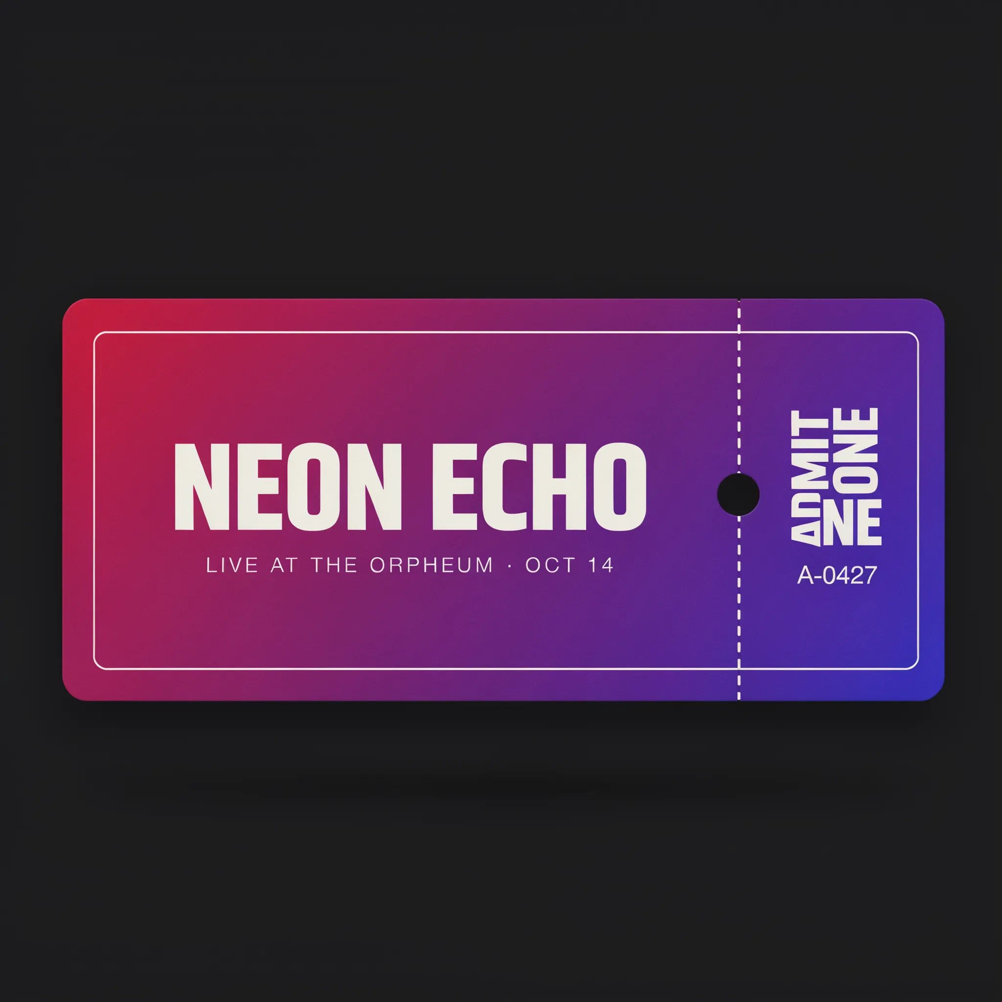 Concert ticket with a tear-off stub, bold band name, and numbering space