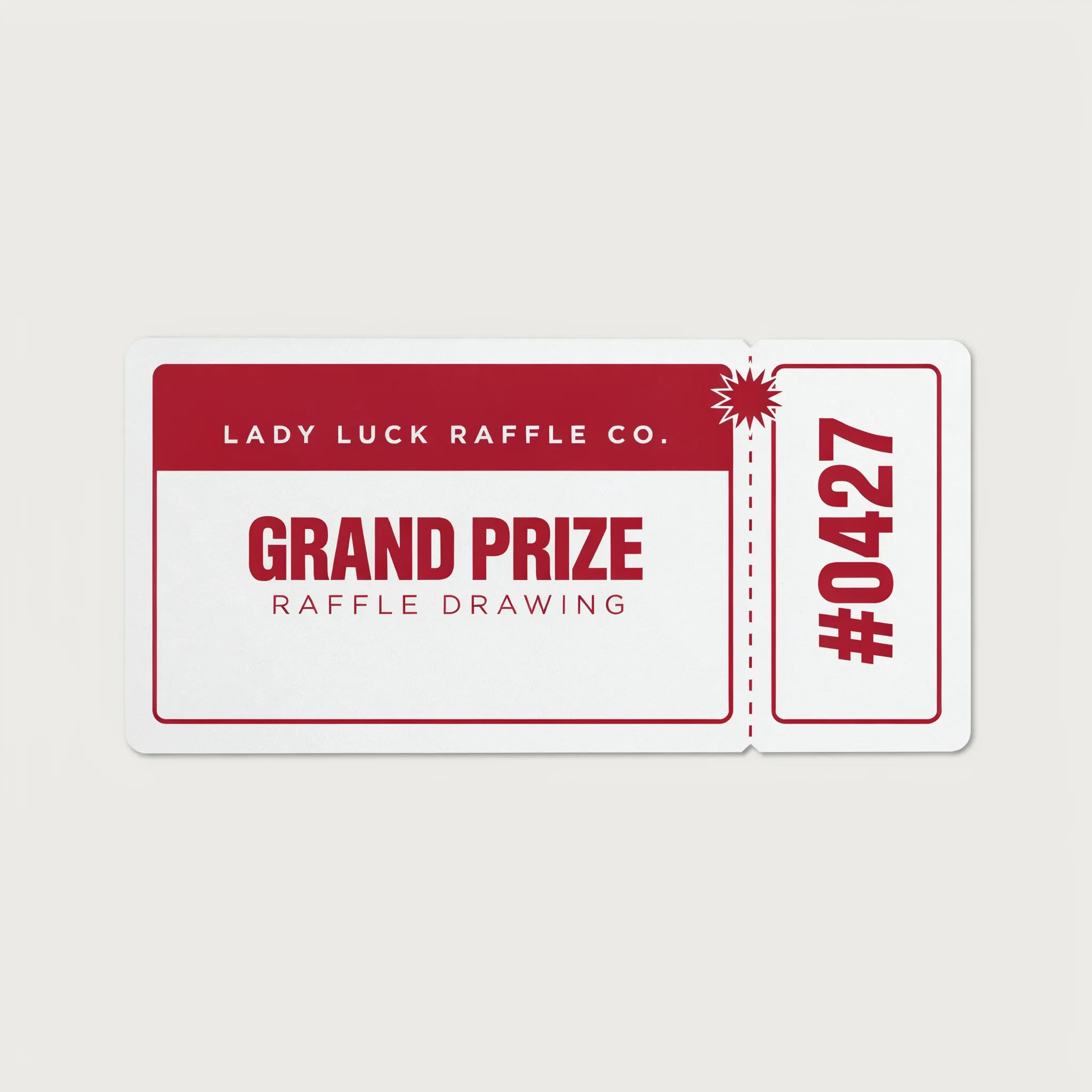 Raffle ticket with a body and numbered stub in red and white