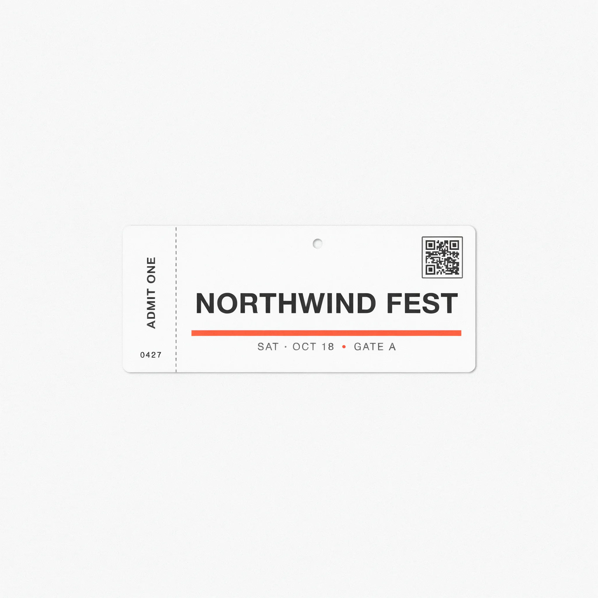 Minimal modern event pass in white with a single accent color