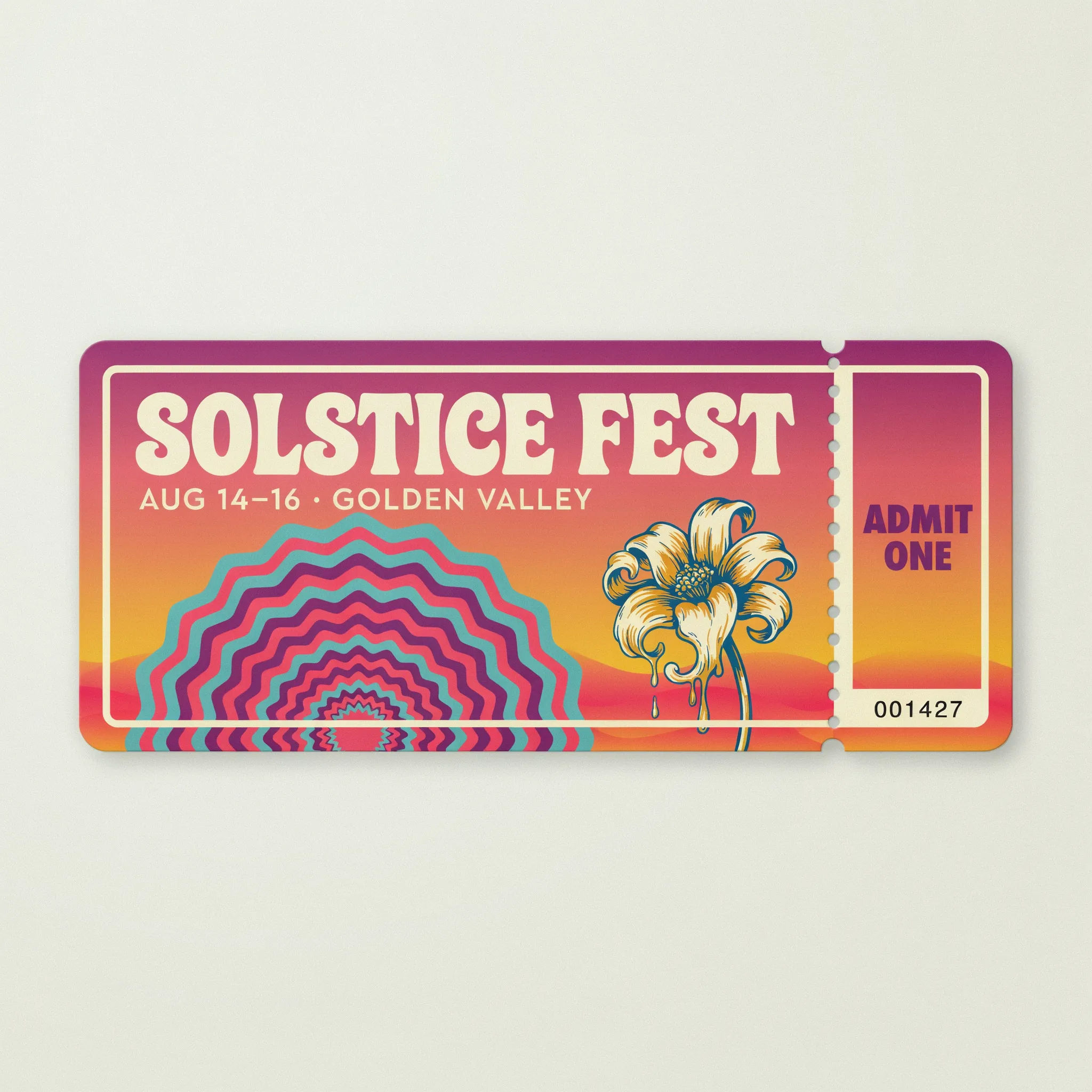 Colorful festival ticket with psychedelic artwork and a tear-off stub