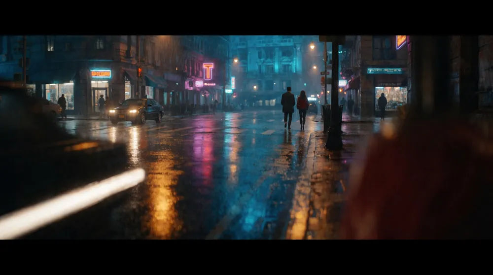 一段白天街景改成深蓝色阴影的电影感夜景