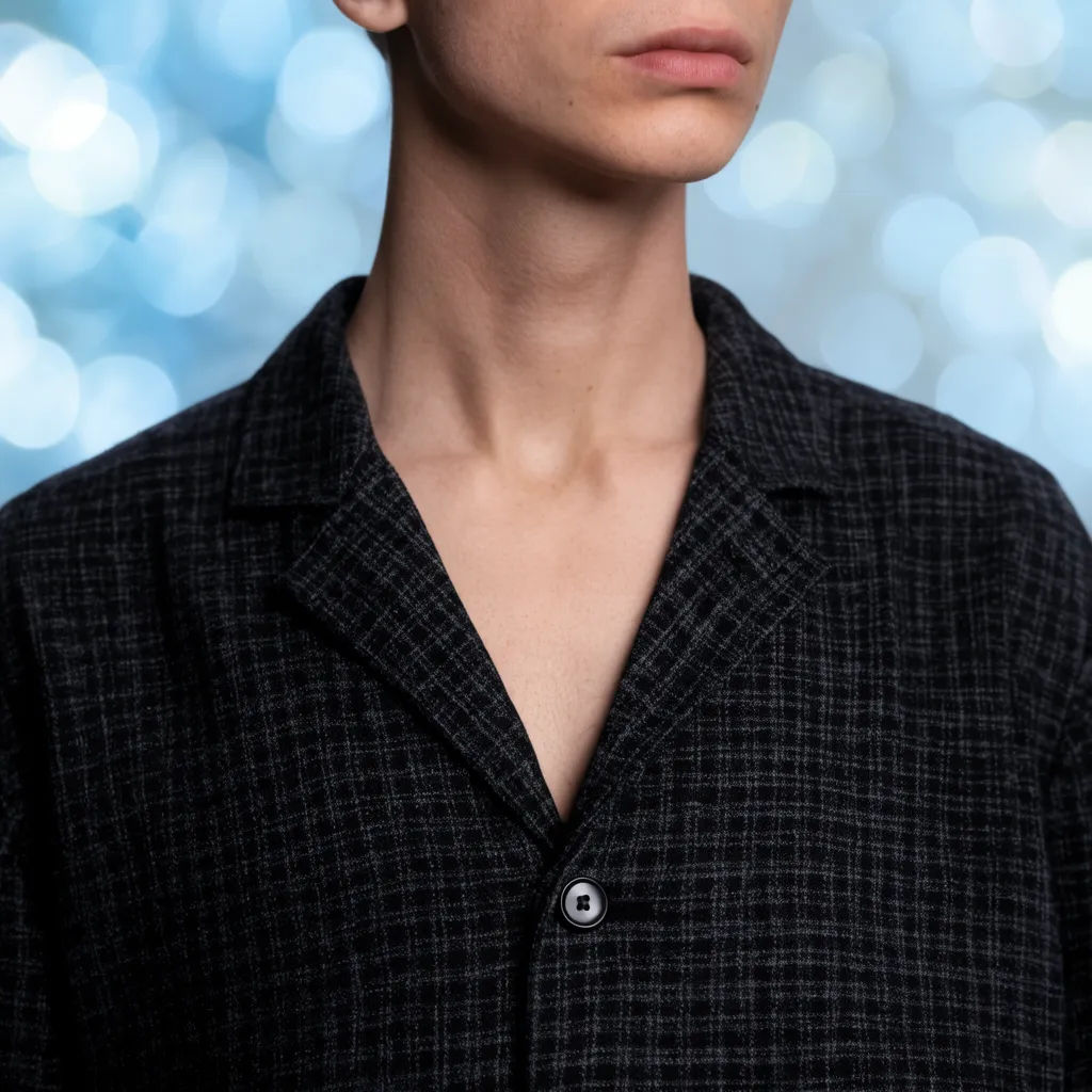 Model wearing a checked jacket matched from a product reference