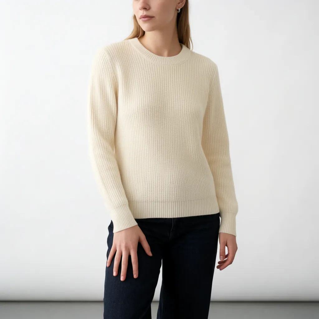 Model in a ribbed sweater matched from a product reference