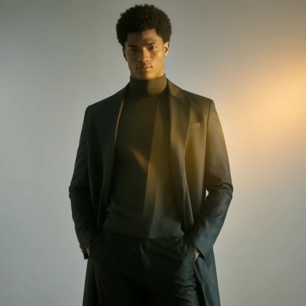Model wearing an open coat matched from a reference photo