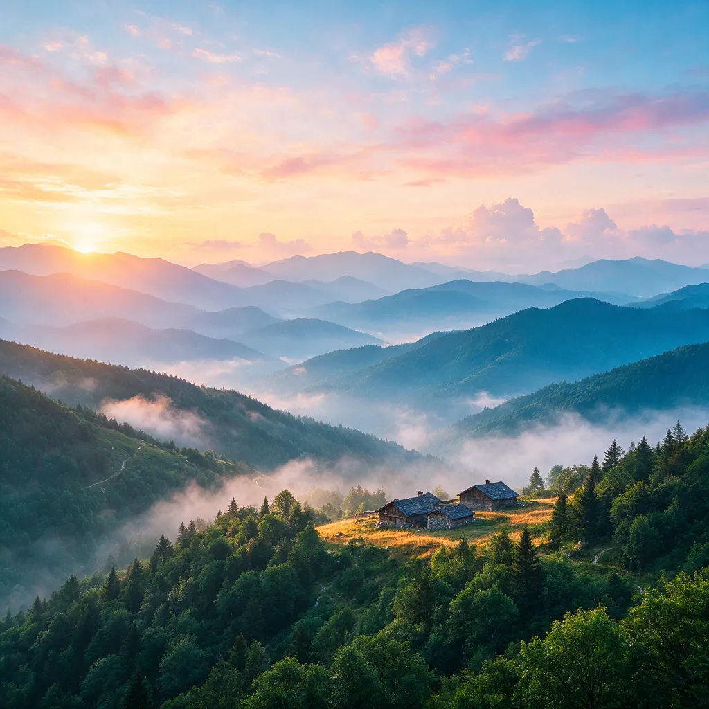 Misty layered blue mountain range at sunrise, wide desktop wallpaper