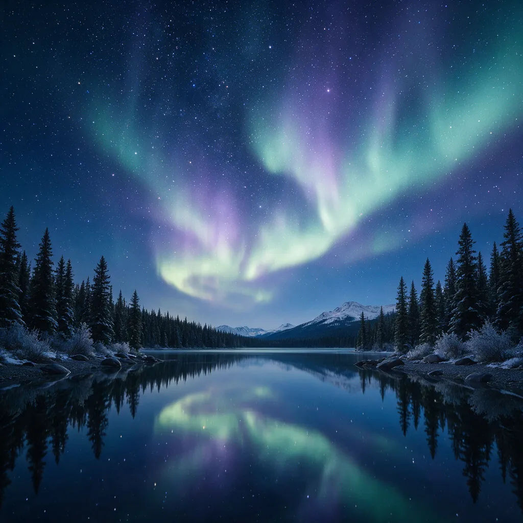 Starry night sky with aurora glow over a quiet lake, desktop wallpaper