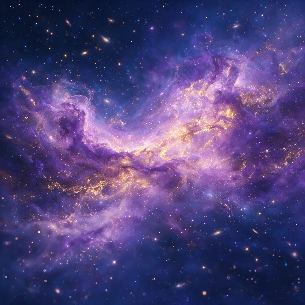 Violet and gold cosmic nebula with drifting stardust, desktop wallpaper