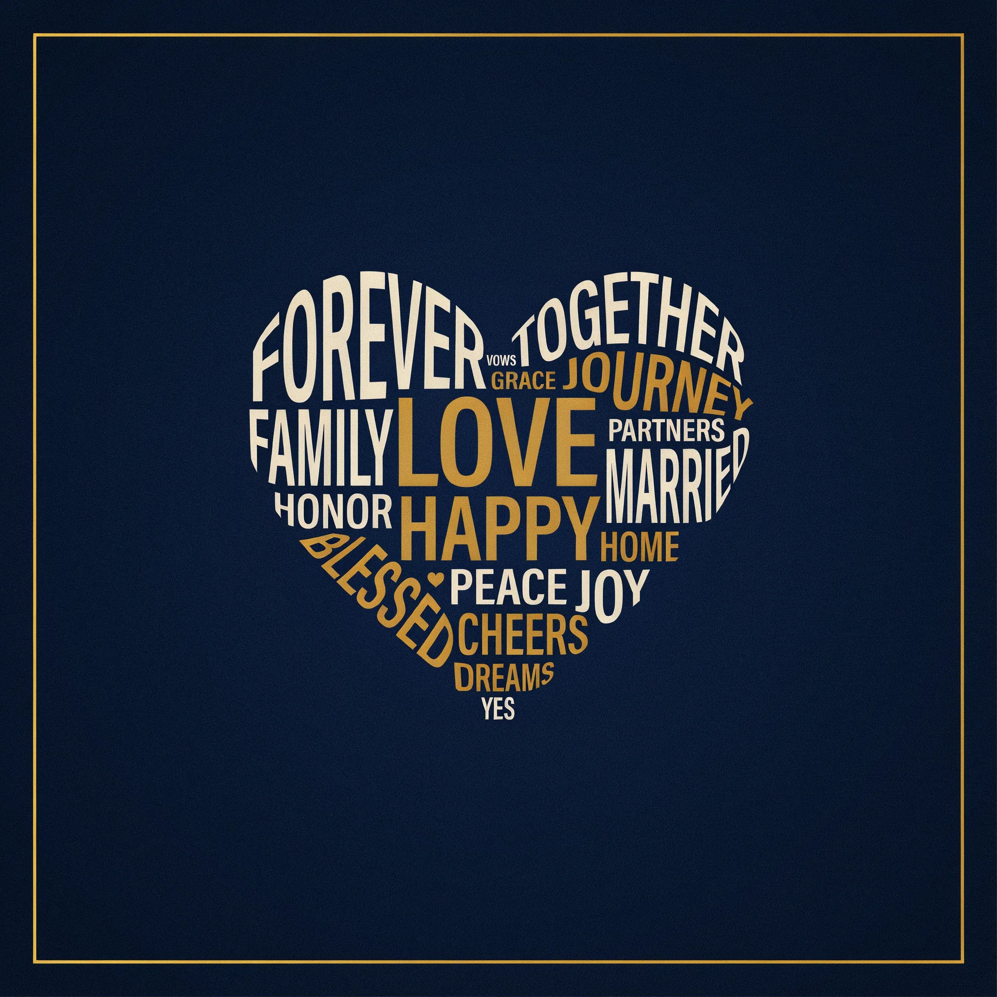 Heart-shaped word cloud in gold and cream on navy built from a wedding speech