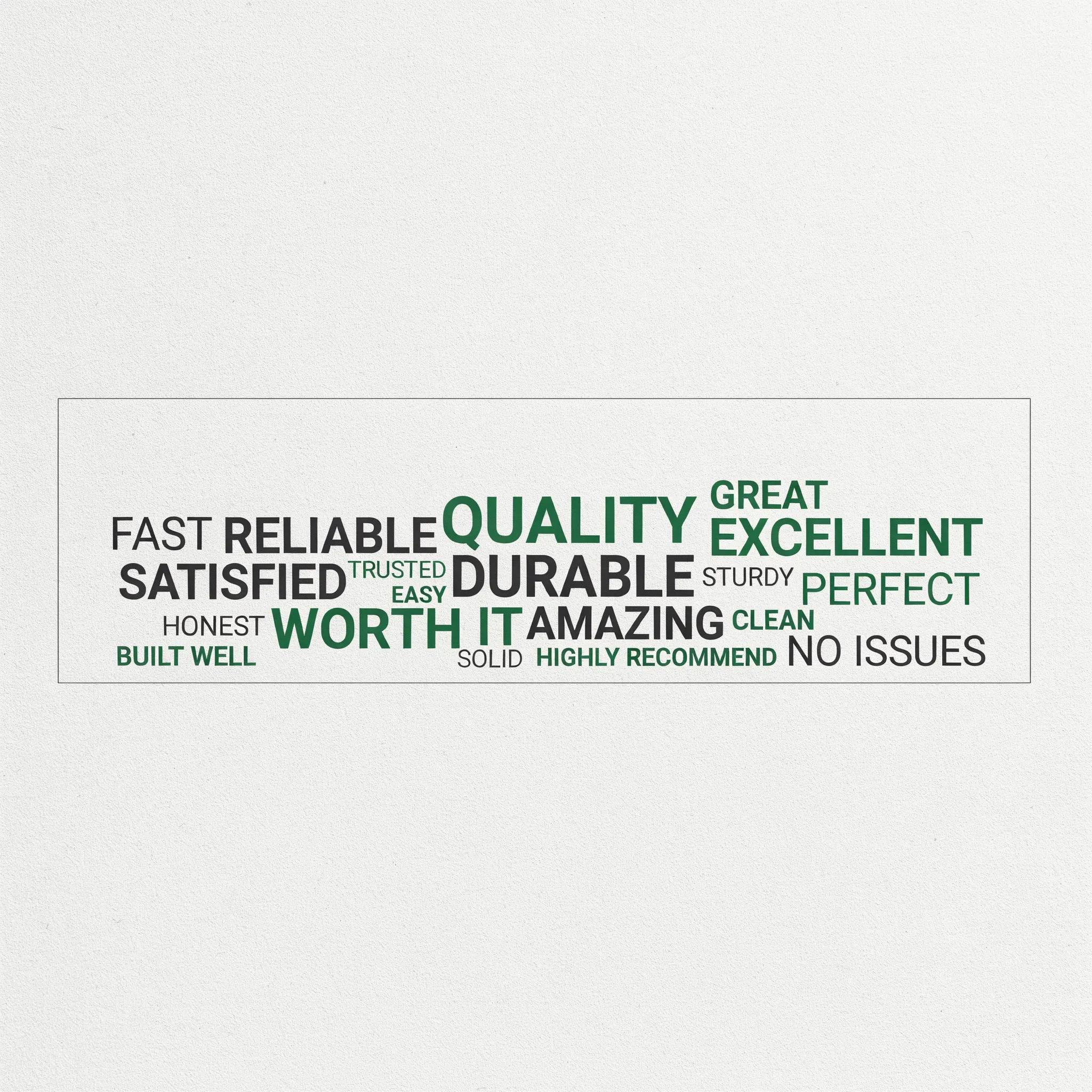 Rectangular word cloud of product review terms in green and charcoal