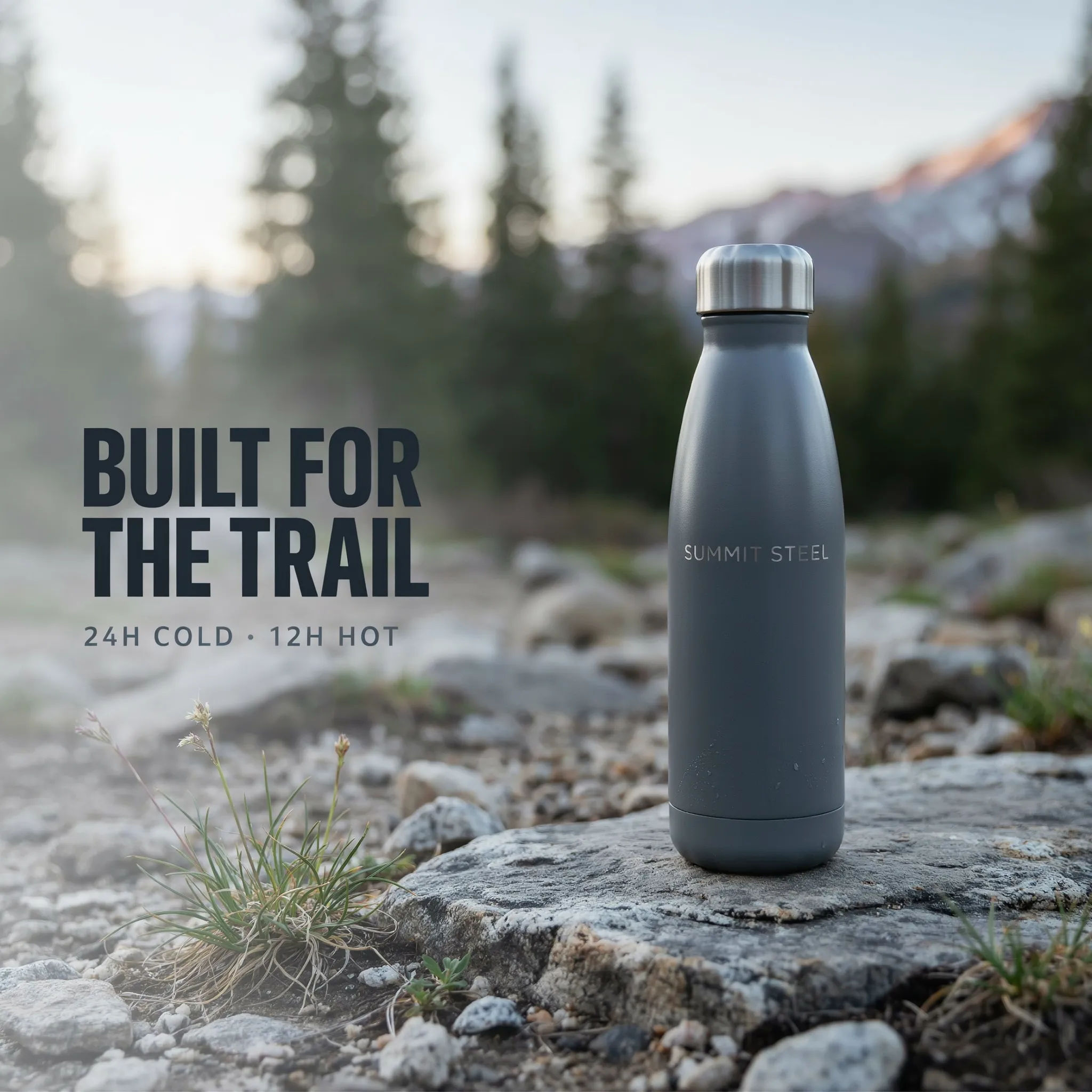 Lifestyle banner of a water bottle on a hiking trail
