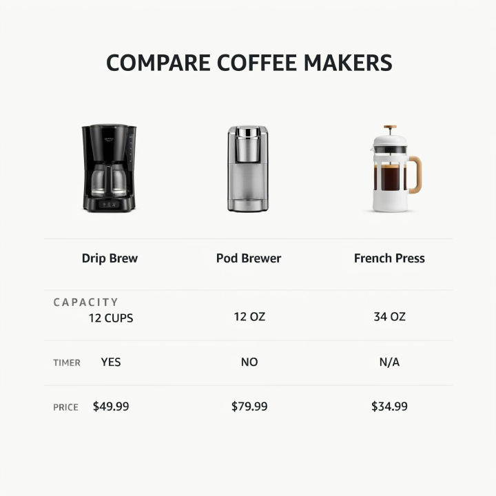 Módulo de tabela comparativa para três cafeteiras
