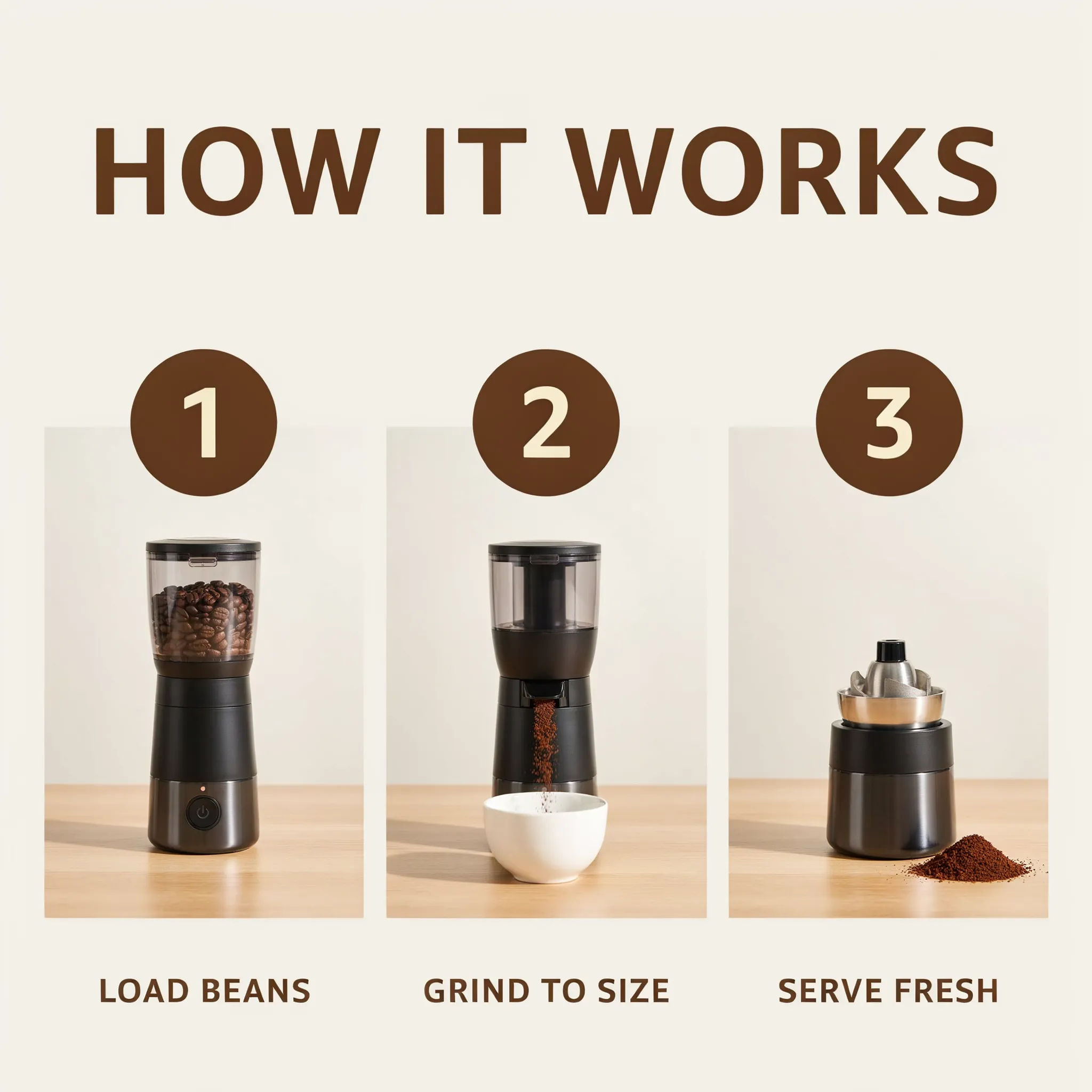 Three-step how it works module for a coffee grinder