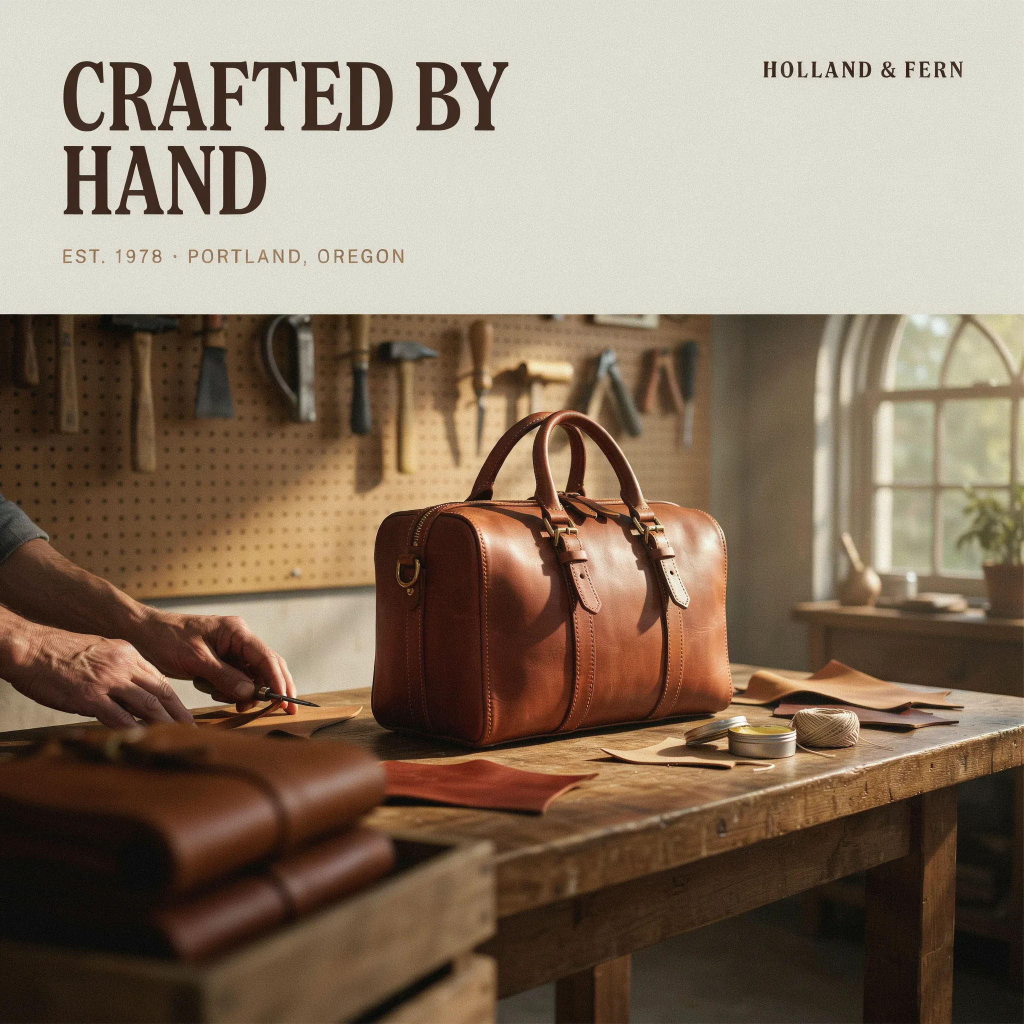 Brand story banner set in a warm workshop