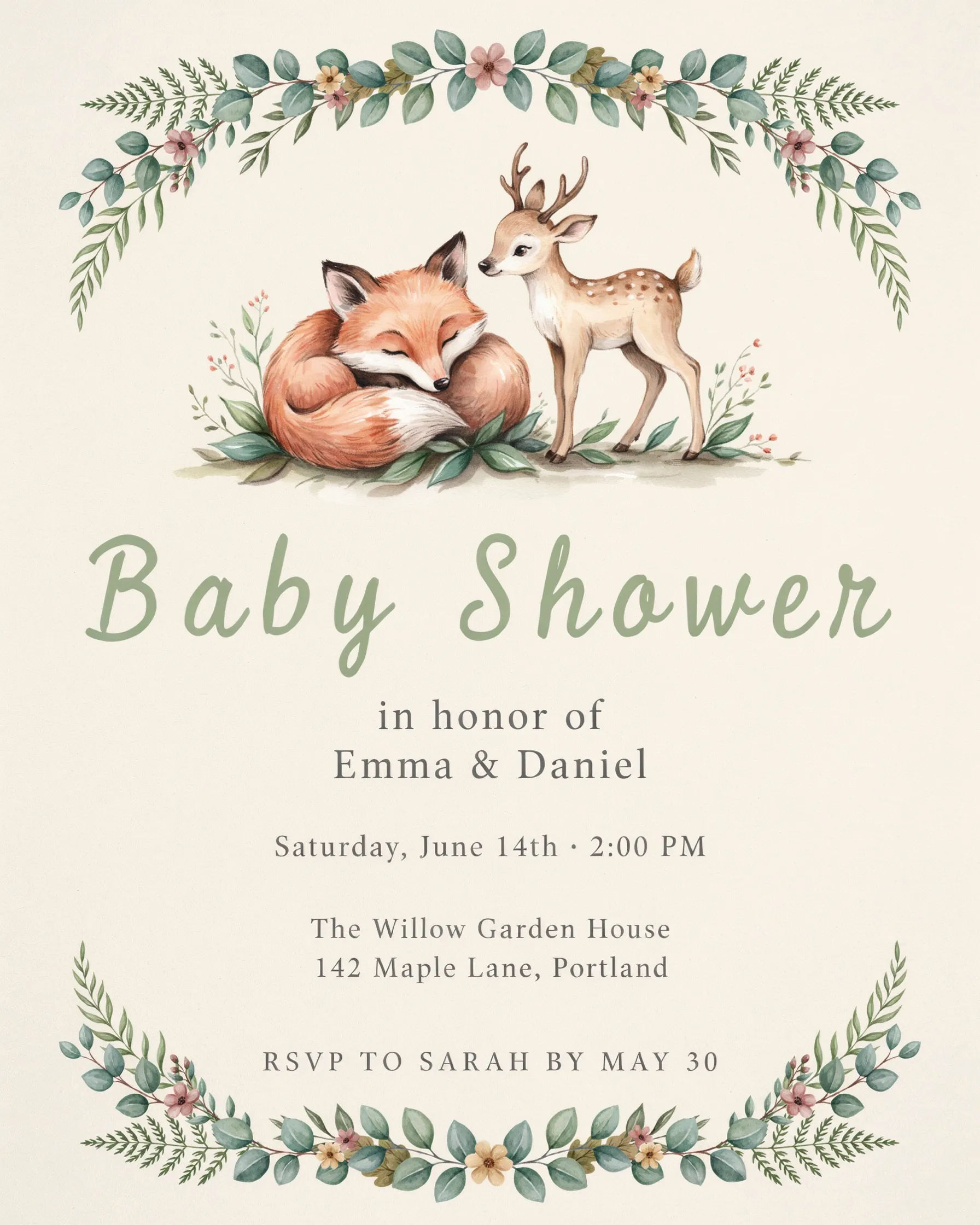 Woodland baby shower invitation with illustrated fox and deer in sage and cream