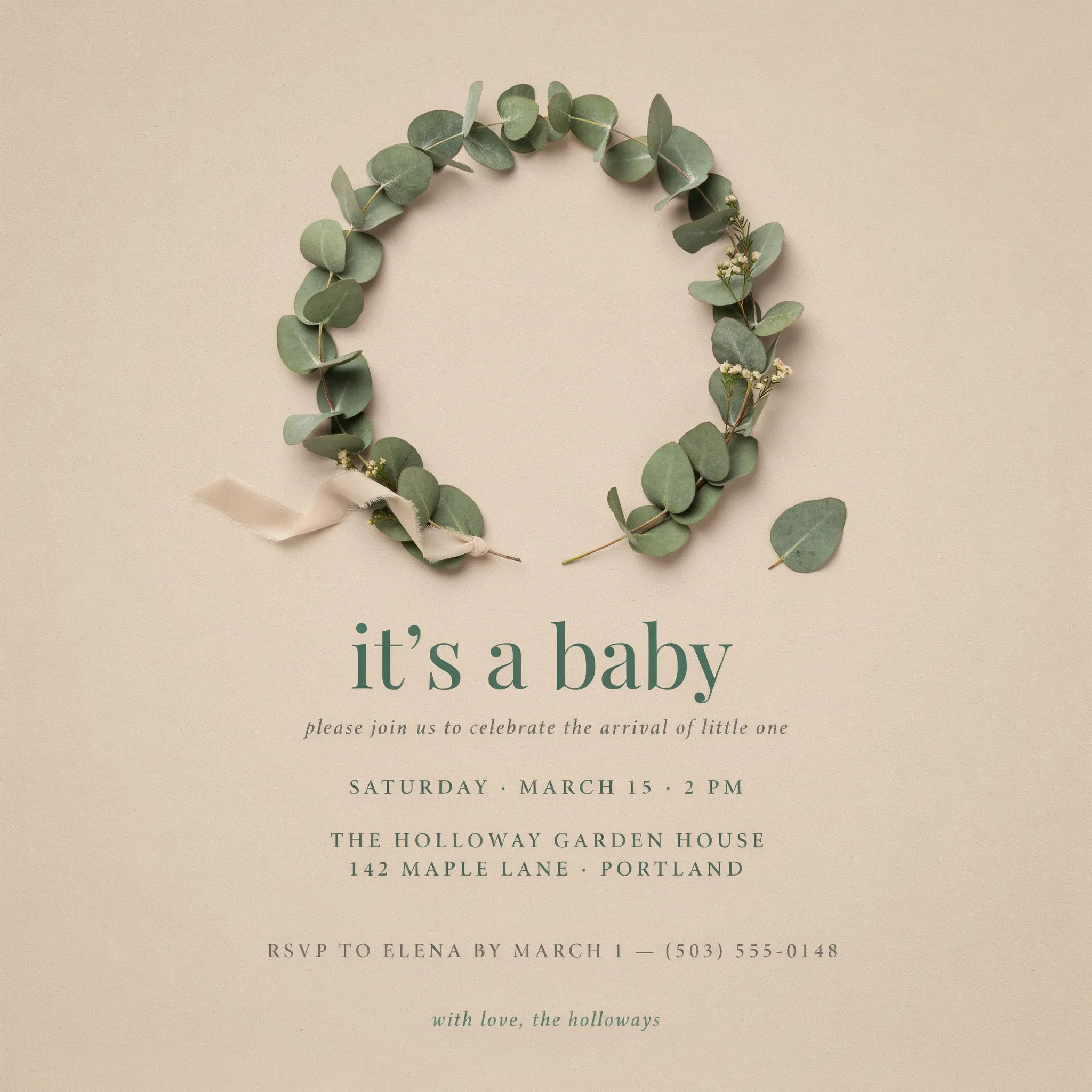 Neutral baby shower invitation with eucalyptus wreath in sand and sage