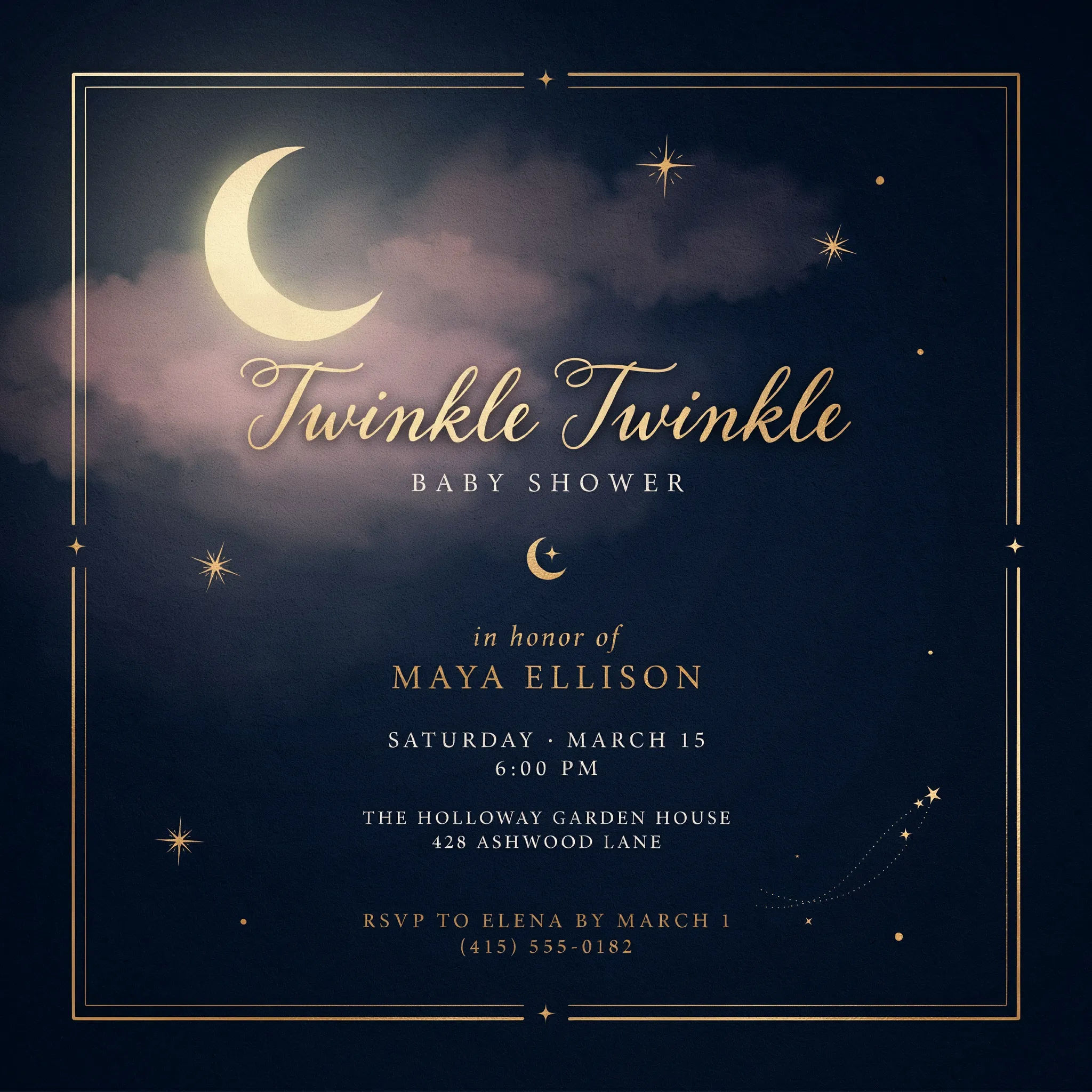 Baby shower invitation with moon and stars in navy and gold