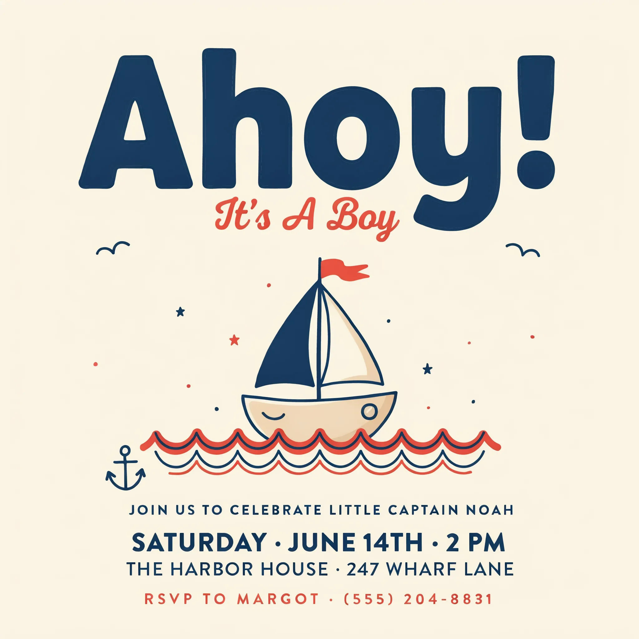 Nautical baby shower invitation with sailboat in navy red and cream