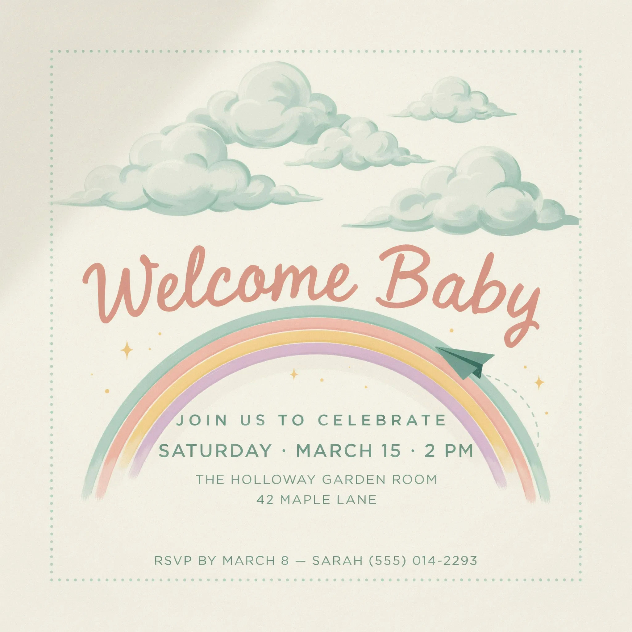 Baby shower invitation with pastel clouds and rainbow in mint and cream