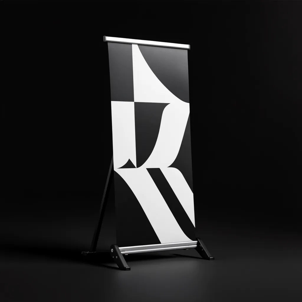 Roll up banner with uploaded artwork beside a lit conference stage