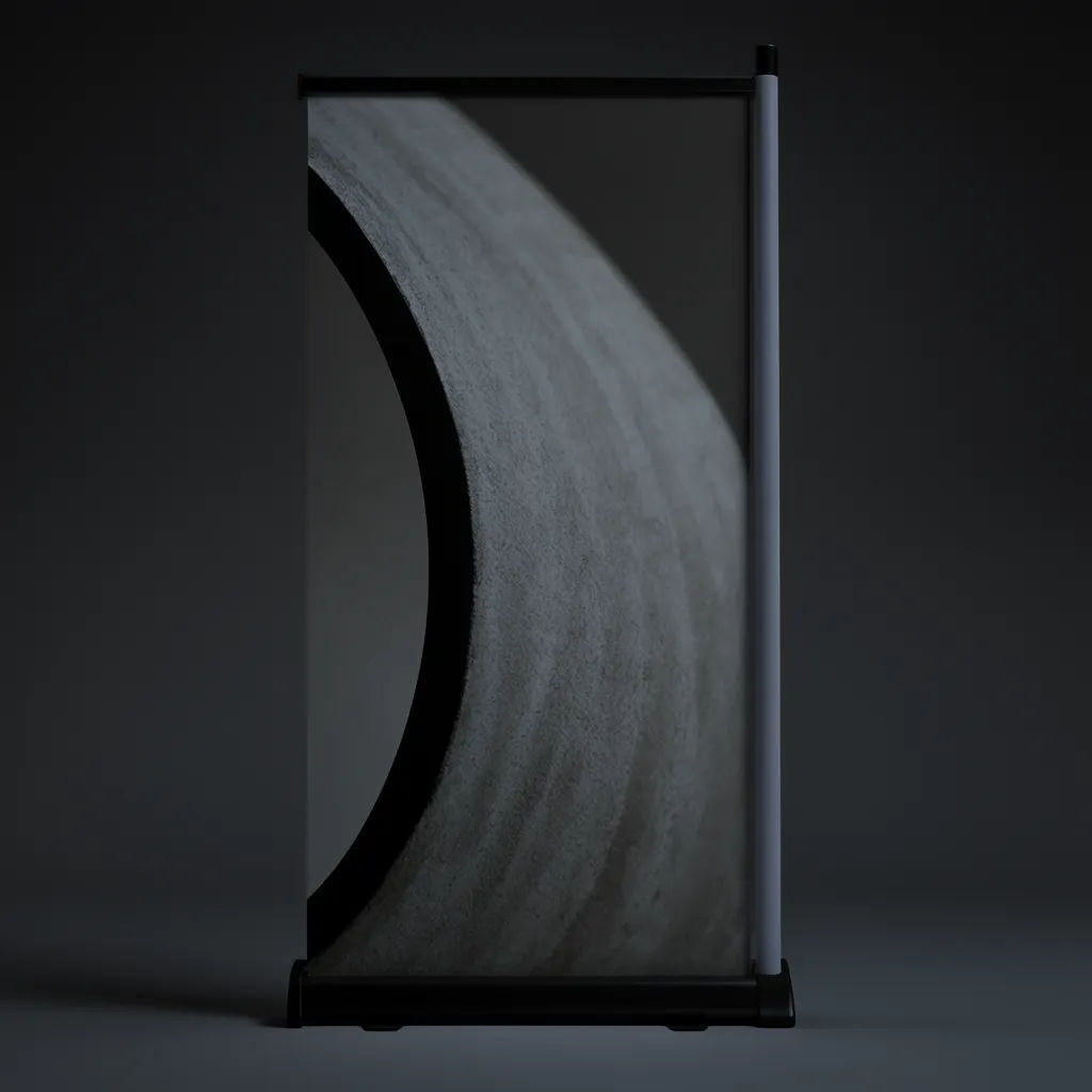 Tension fabric backdrop with artwork behind a trade show booth counter