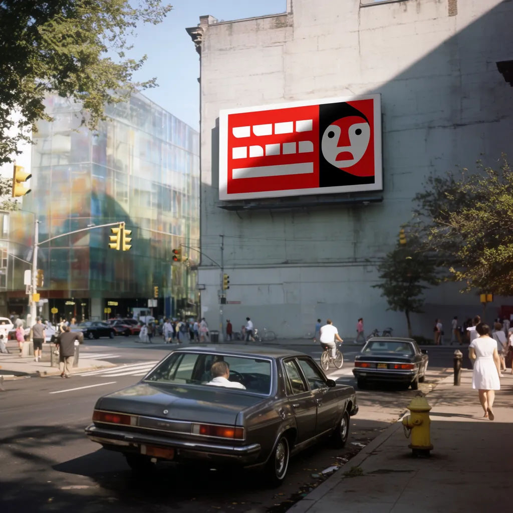 Ad on a wall-mounted billboard on a city building at midday