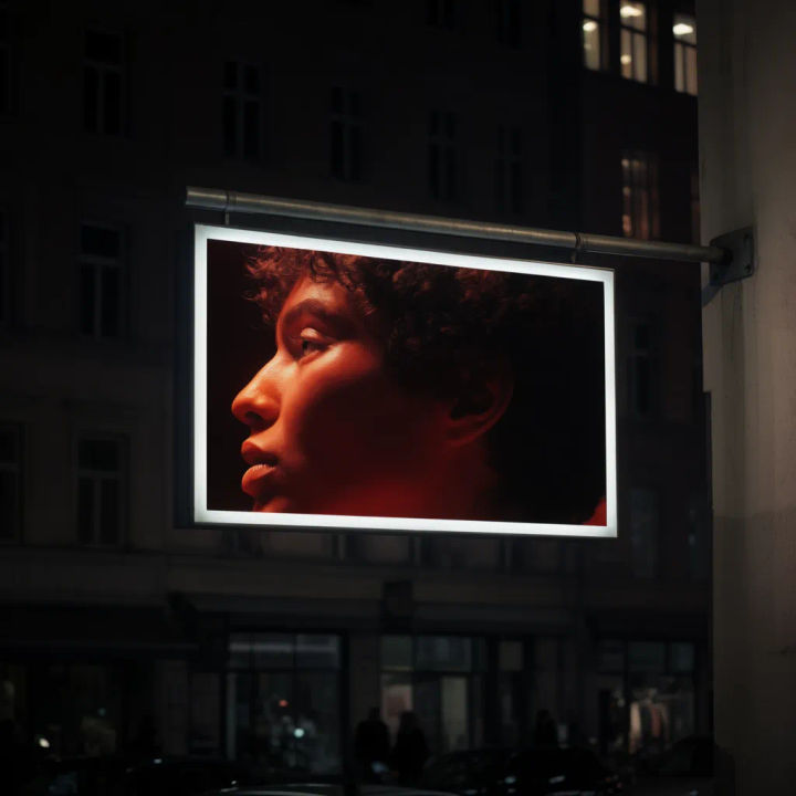 Campanha em um painel digital retroiluminado no centro da cidade à noite