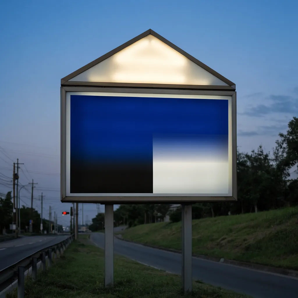 Ad on a lit roadside board along a suburban road at dusk
