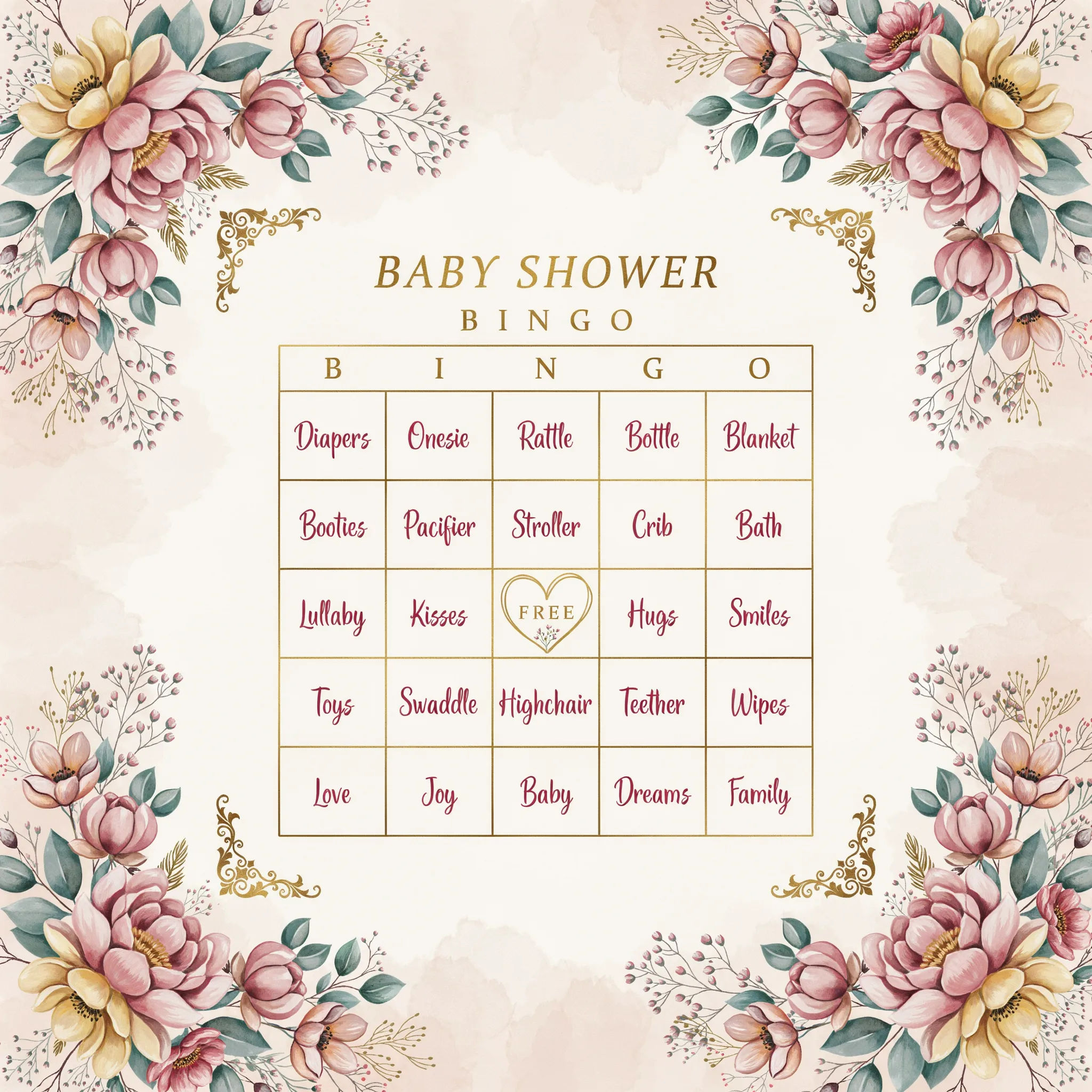 Pastel floral baby shower bingo card with a 5 by 5 grid and a heart free space