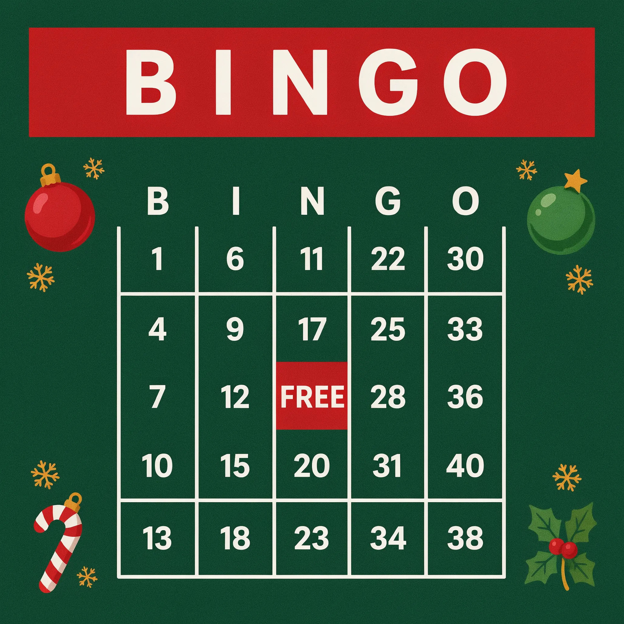 Festive red and green holiday office party bingo card with ornament corners