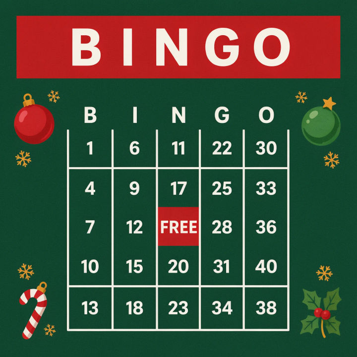 Cartela de bingo de confraternização em vermelho e verde festivos, com enfeites nos cantos