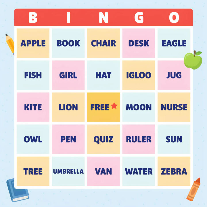 Cartela de bingo de vocabulário em cores primárias, com casas grandes