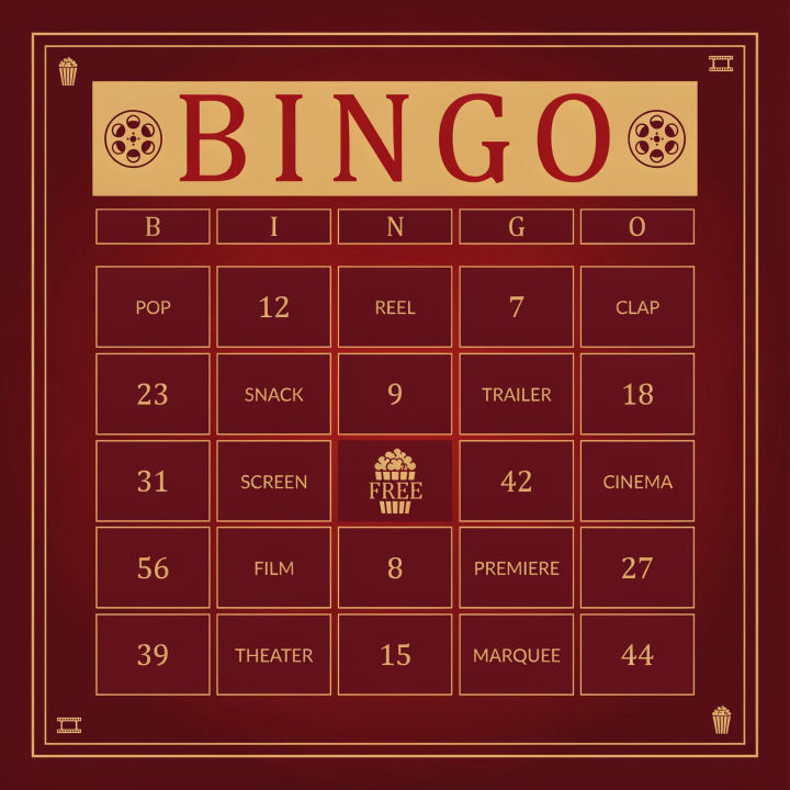 Cartela de bingo de cinema em tema escuro, com ícones de pipoca e rolo de filme