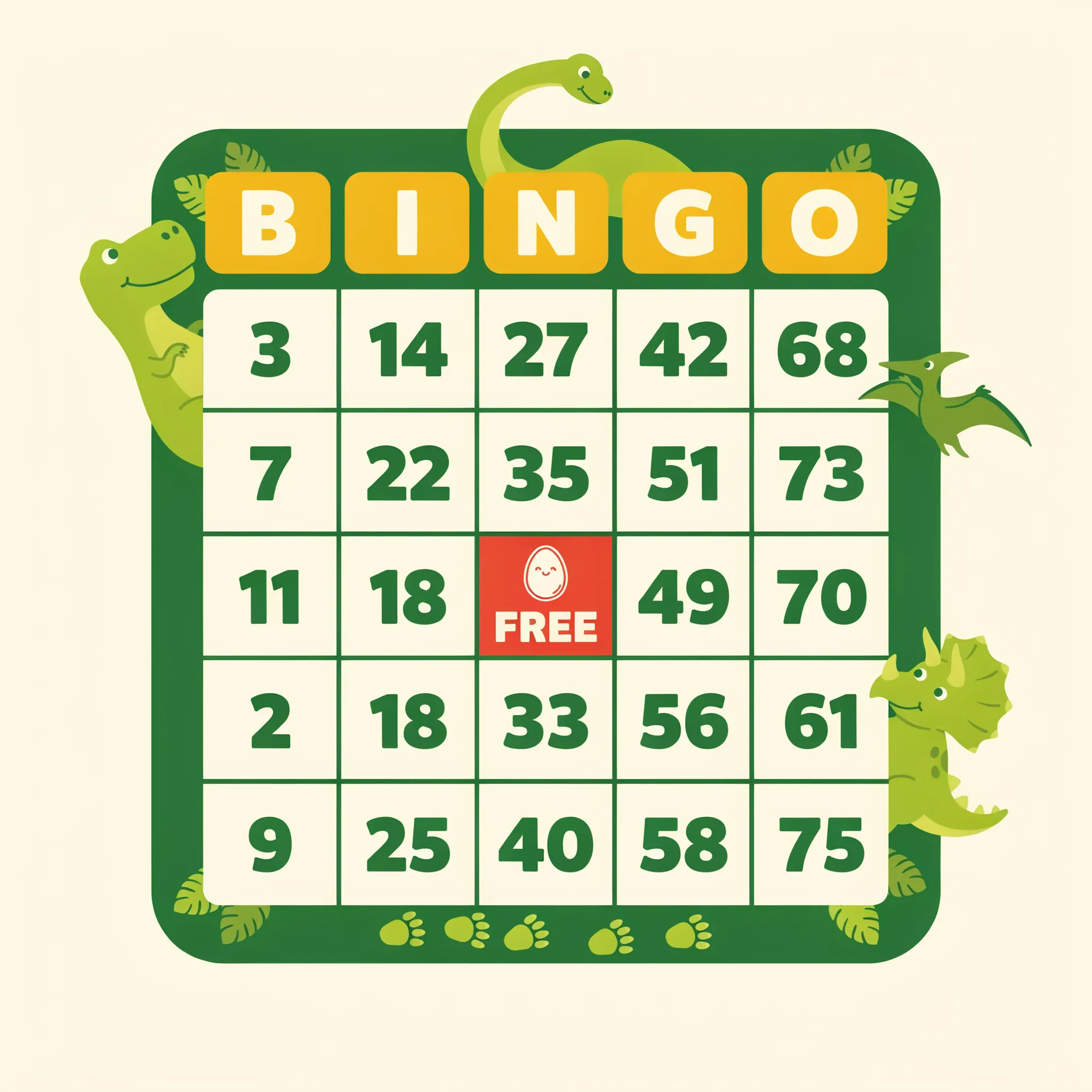 Playful dinosaur birthday bingo card for kids with cartoon dinosaurs and big squares