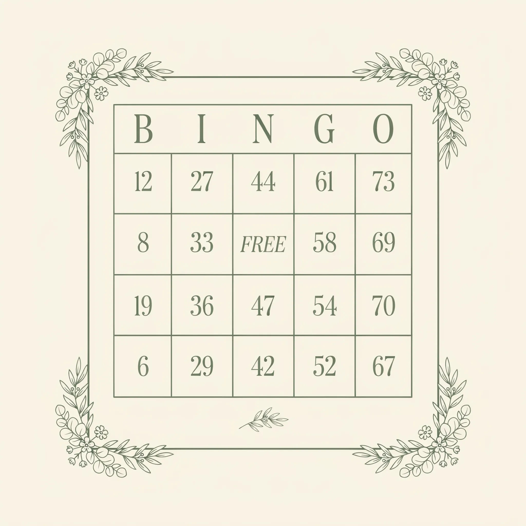 Elegant cream and sage wedding reception bingo card with a botanical border