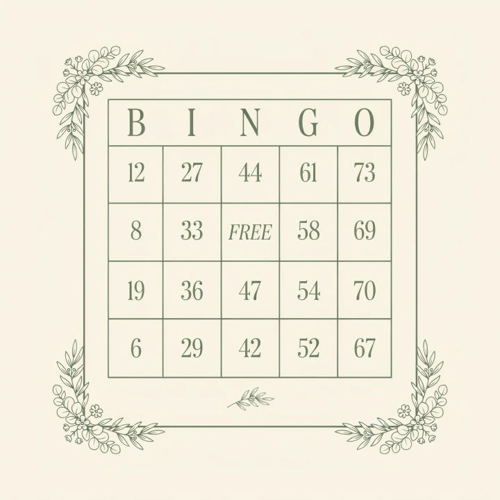 Cartela de bingo de casamento em creme e verde-sálvia, com borda botânica