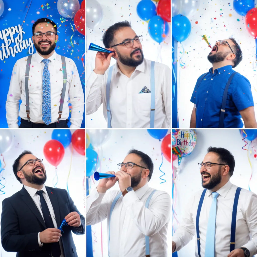 Six-photo birthday grid collage on a confetti background