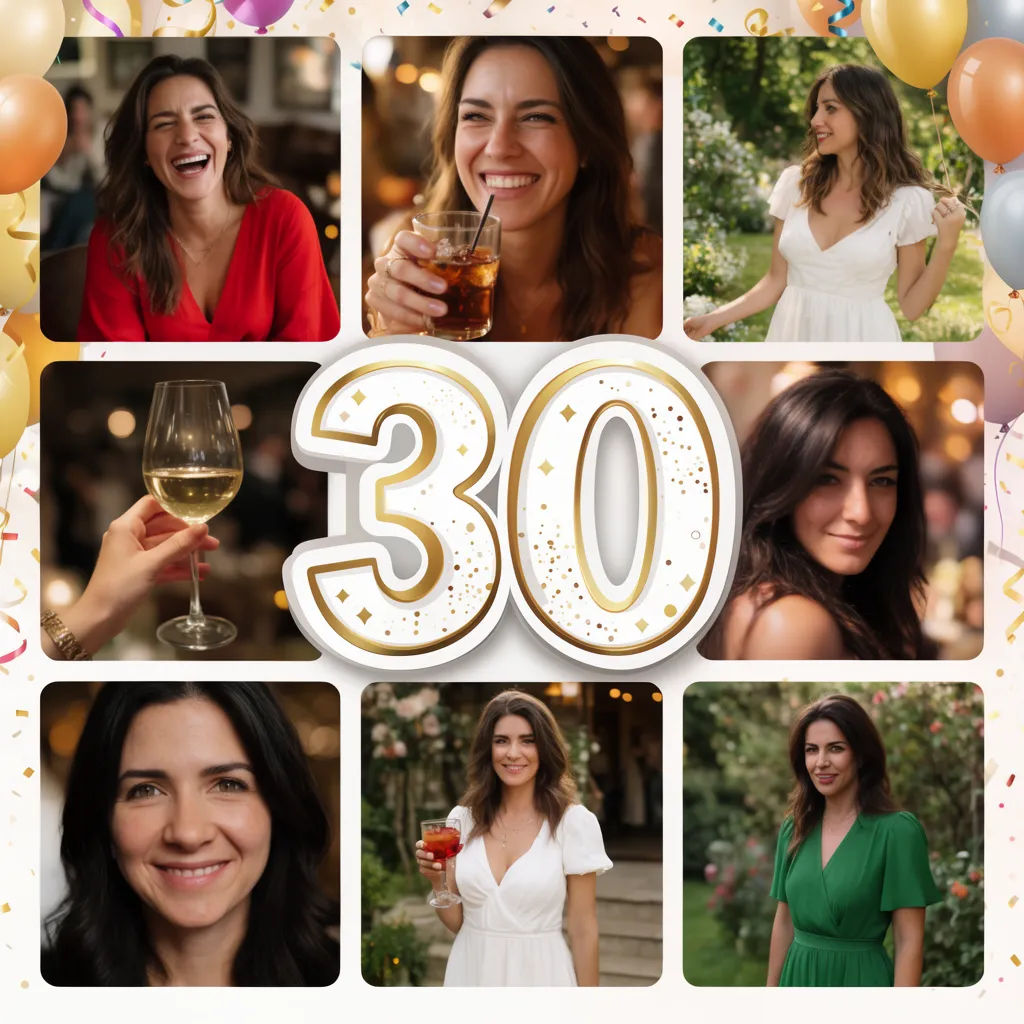 Milestone birthday collage with a large 30 framed by photos