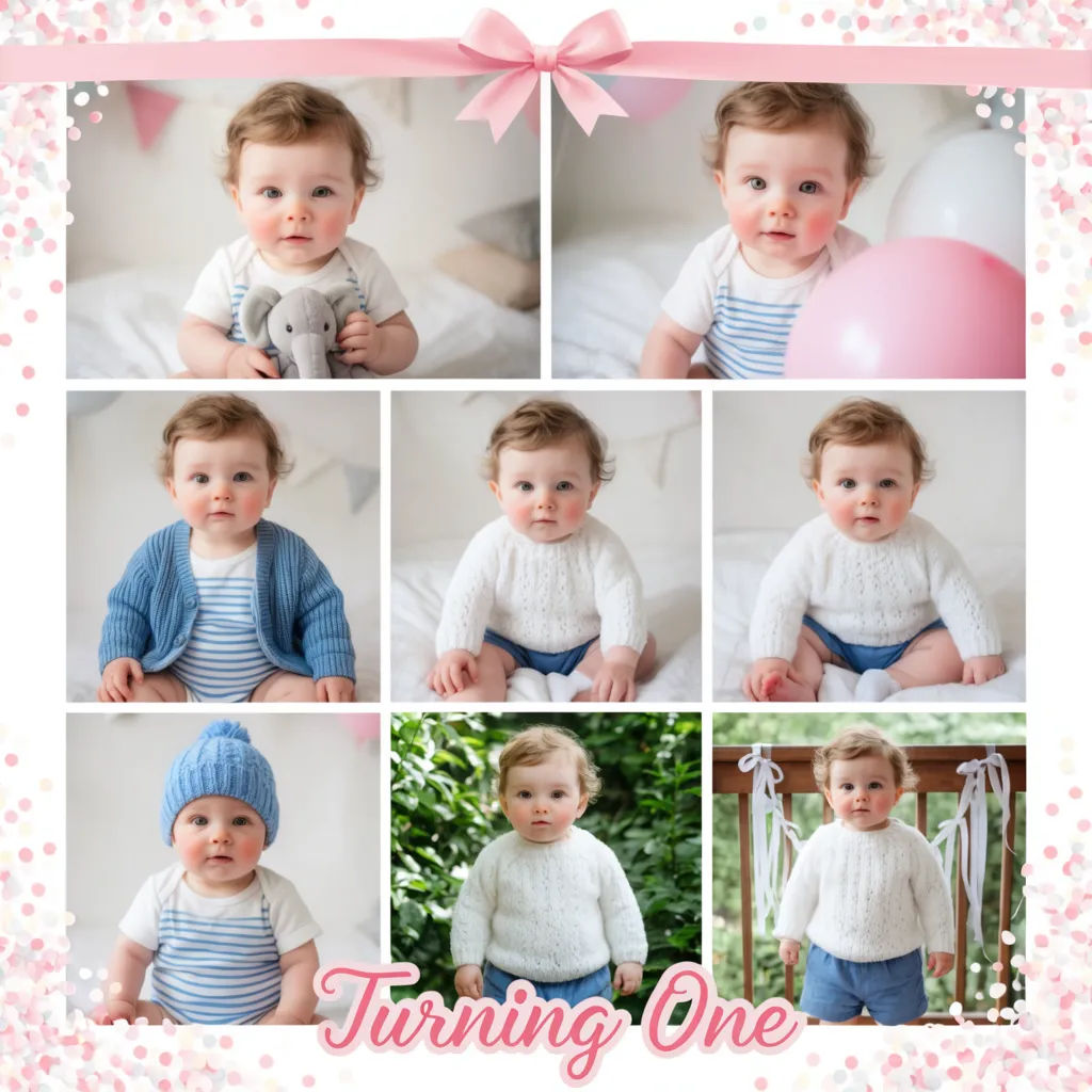 Pastel first birthday collage with a name and Turning One title
