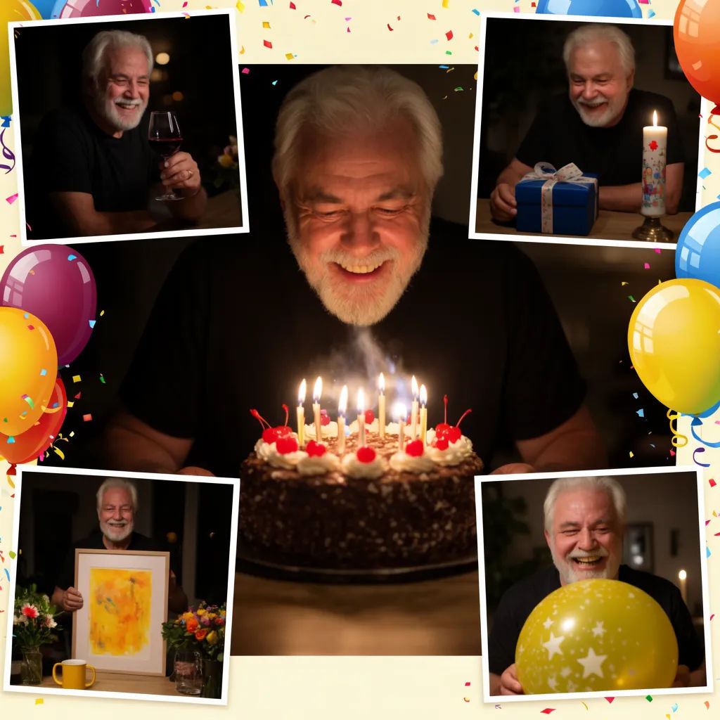 Card-shaped birthday collage with a hero photo and four frames