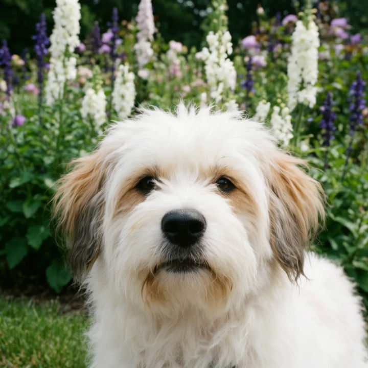 Cachorro bem nítido diante de um jardim suavemente desfocado
