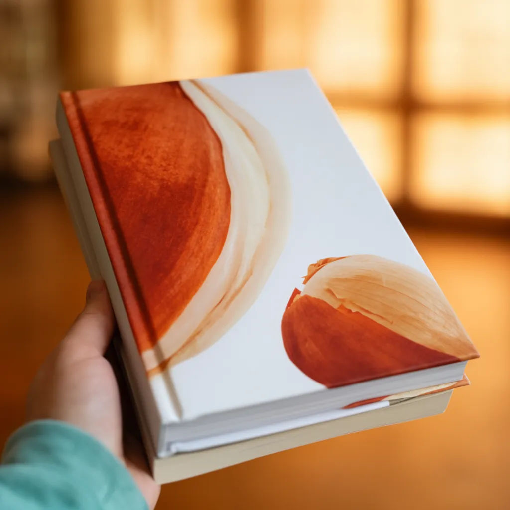 Paperback held in a hand in a café showing the uploaded cover