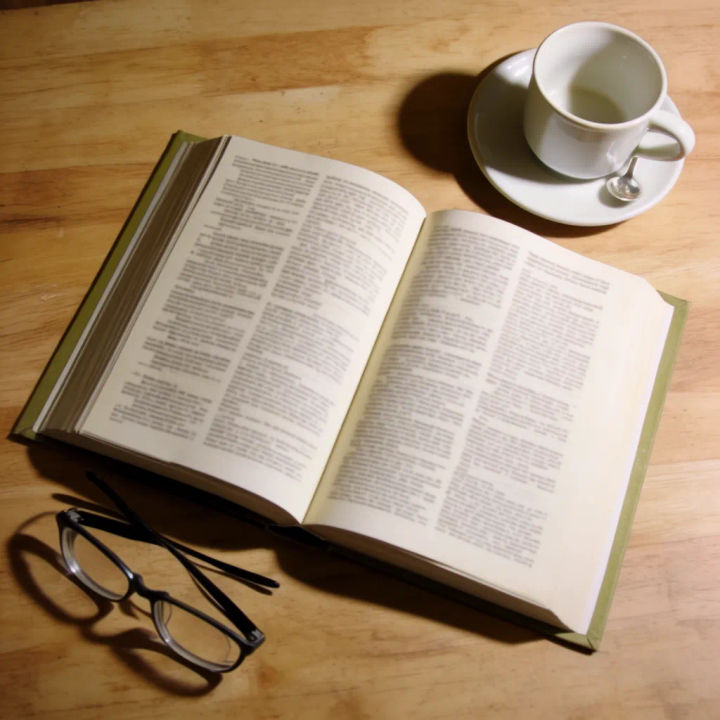 Livro aberto sobre uma mesa de madeira, ao lado de um café e de óculos
