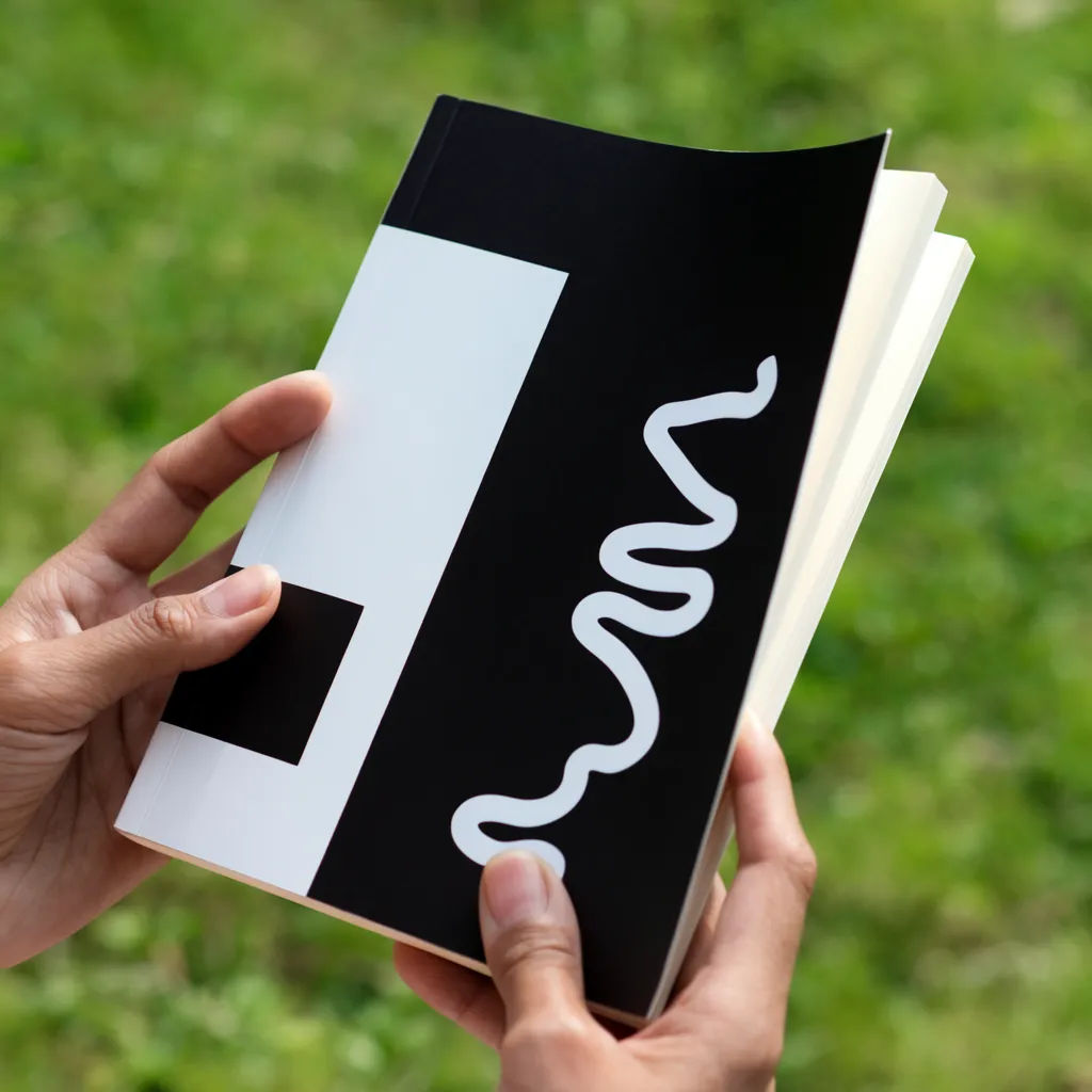 Paperback book held in two hands with a blurred outdoor background
