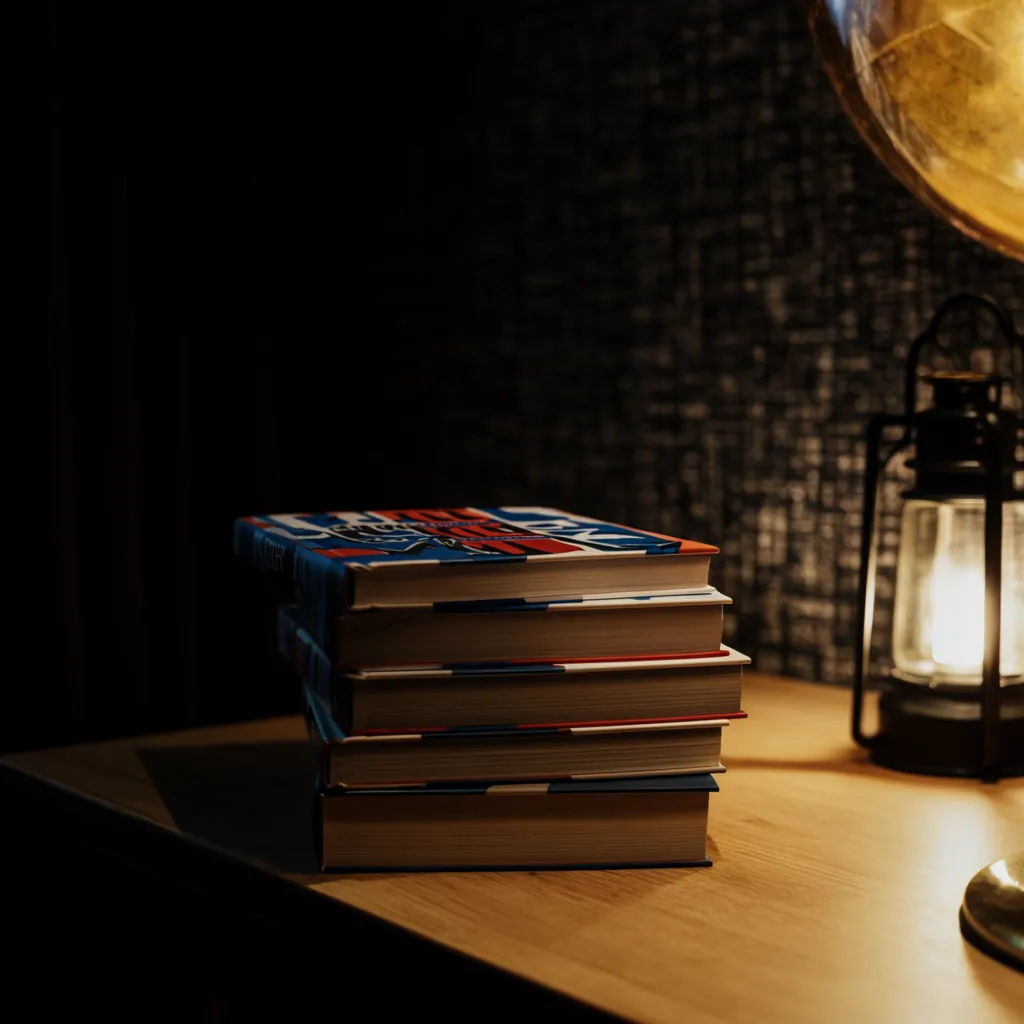 Stack of five hardcover copies on a table in even studio light