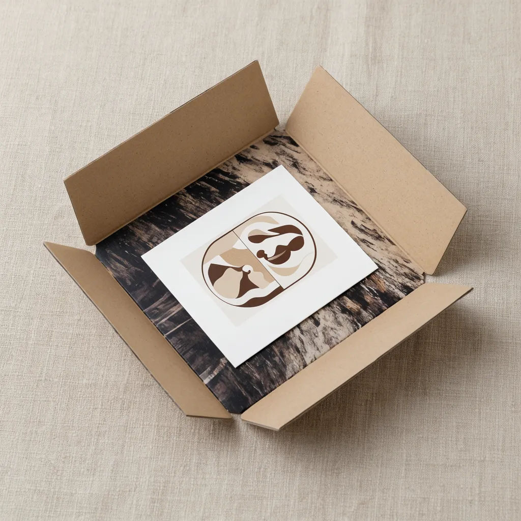 Open box seen from above showing inside print and nested product