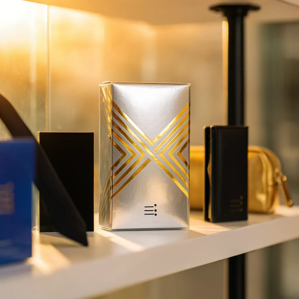 Box standing on a retail shelf between other products