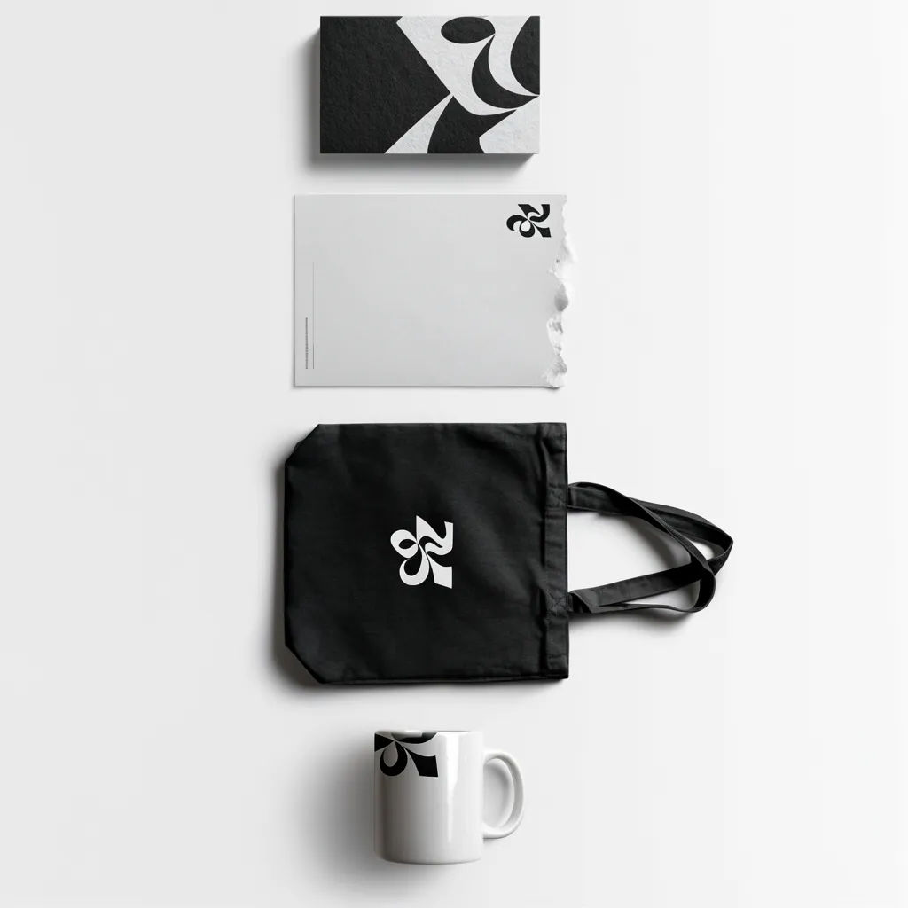 Top down flat lay of a branded card, letterhead, tote, and mug