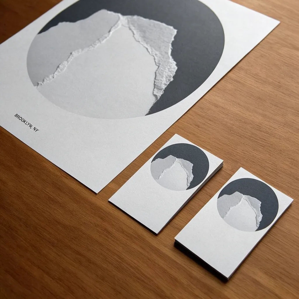 Branded business cards and letterhead on a warm wood desk