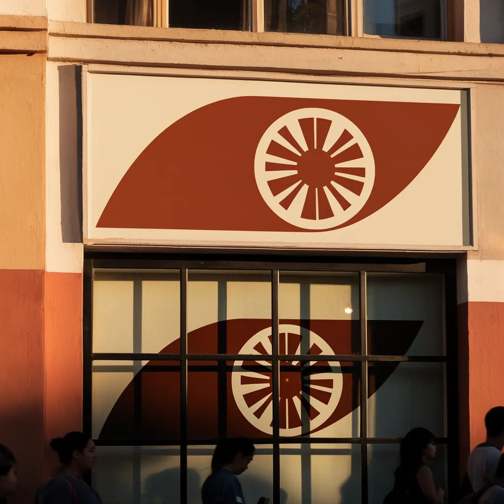 Branded storefront sign and window graphic in daylight