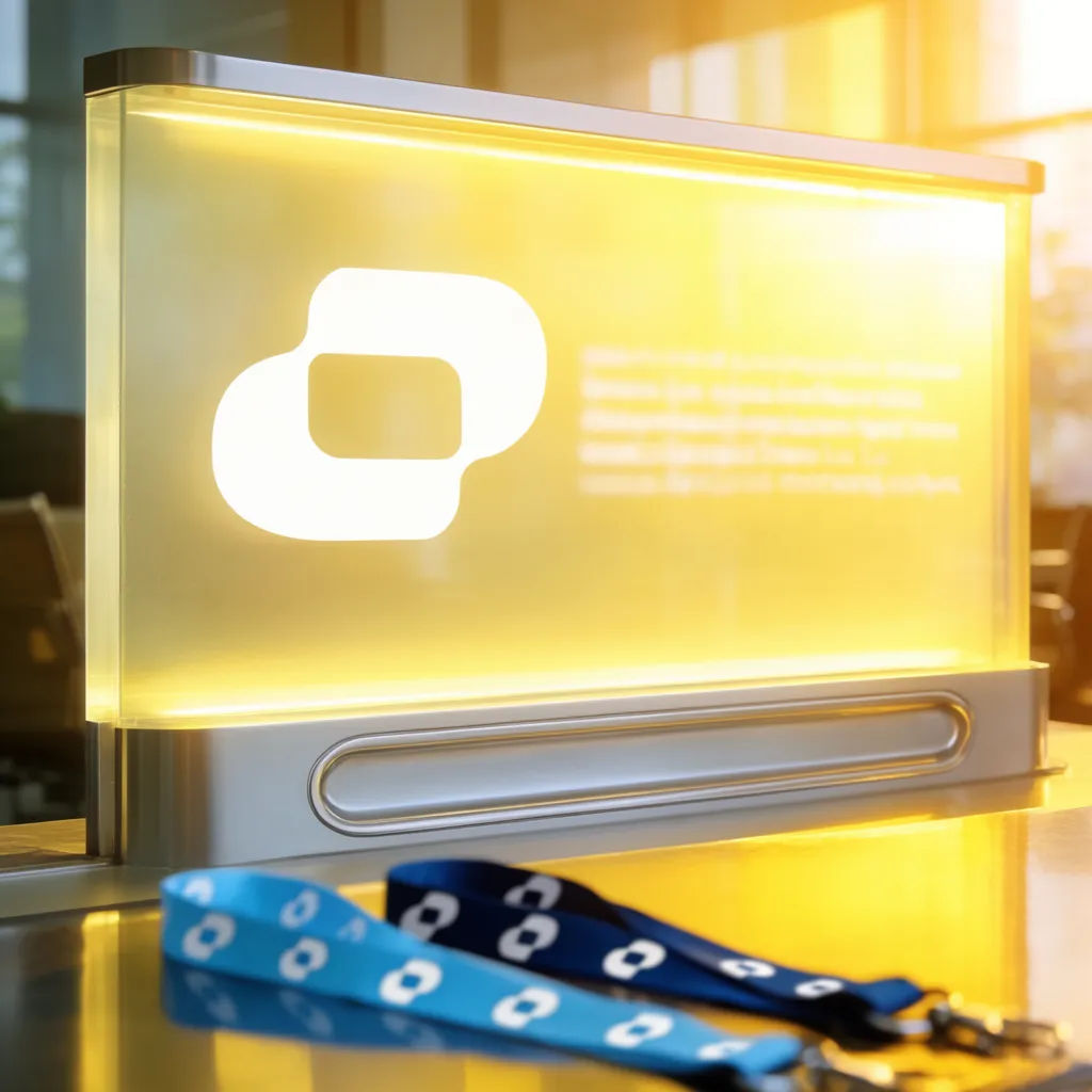 Branded backlit reception sign and lanyards in a modern lobby